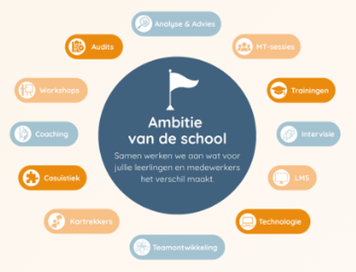 De ambitie van de school staat centraal, omringd door interventies zoals audits, workshops, coaching, casuïstiek, kartrekkers, teamontwikkeling, technologie, LMS, intervisie, trainingen, MT-sessies en Analyse & Advies
