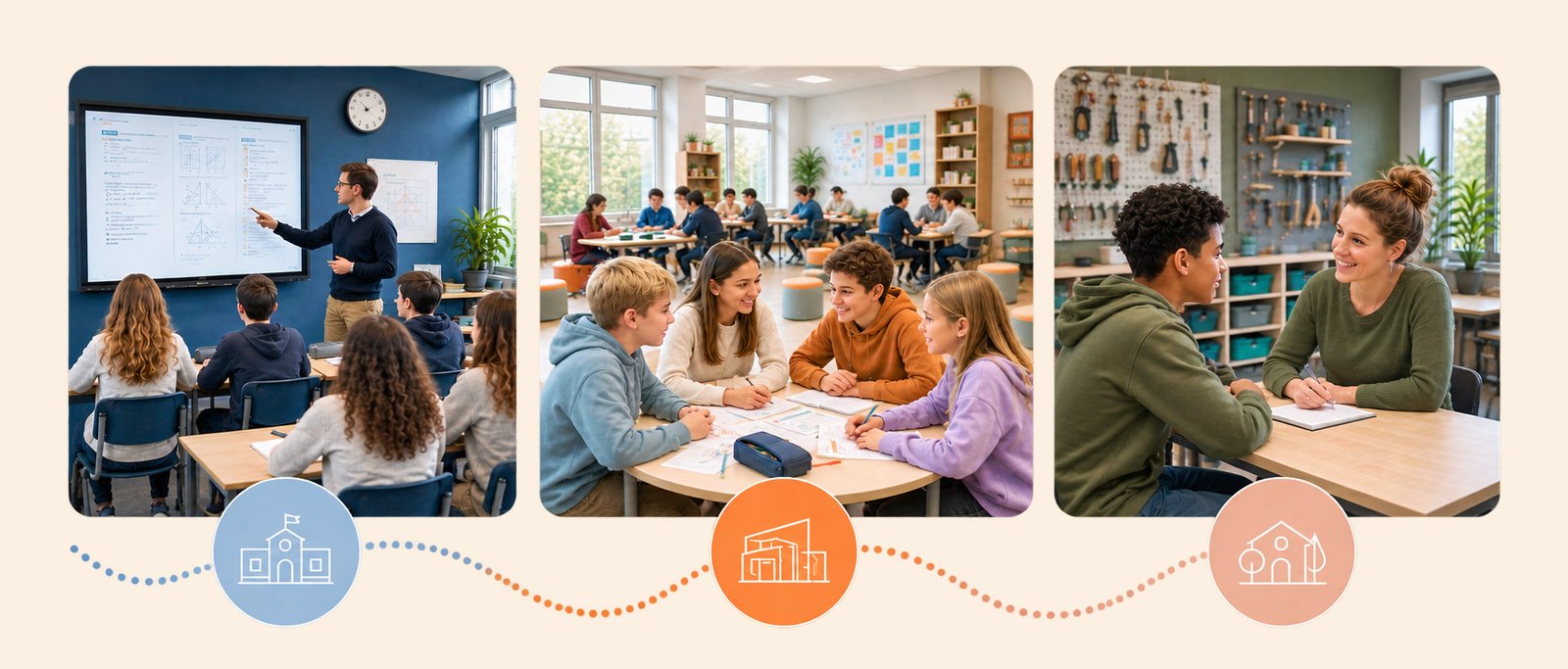 Drie klaslokalen: instructie, samenwerken en coaching